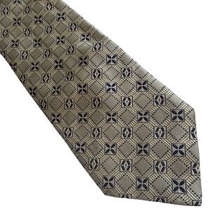 Rene Lezard‎ Mens Silk Geometric Pattern Neck Tie Gold Navy